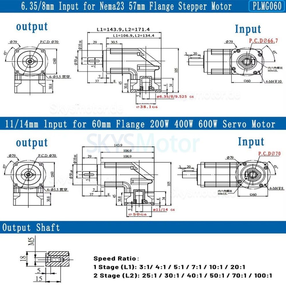 PLMG060 Serie Nema 23 Winkelplanetengetriebe, &Uuml;bersetzung 3:1 - 100:1 f&uuml;r Nema 23 Schrittmotor / 60-mm-Servomotor